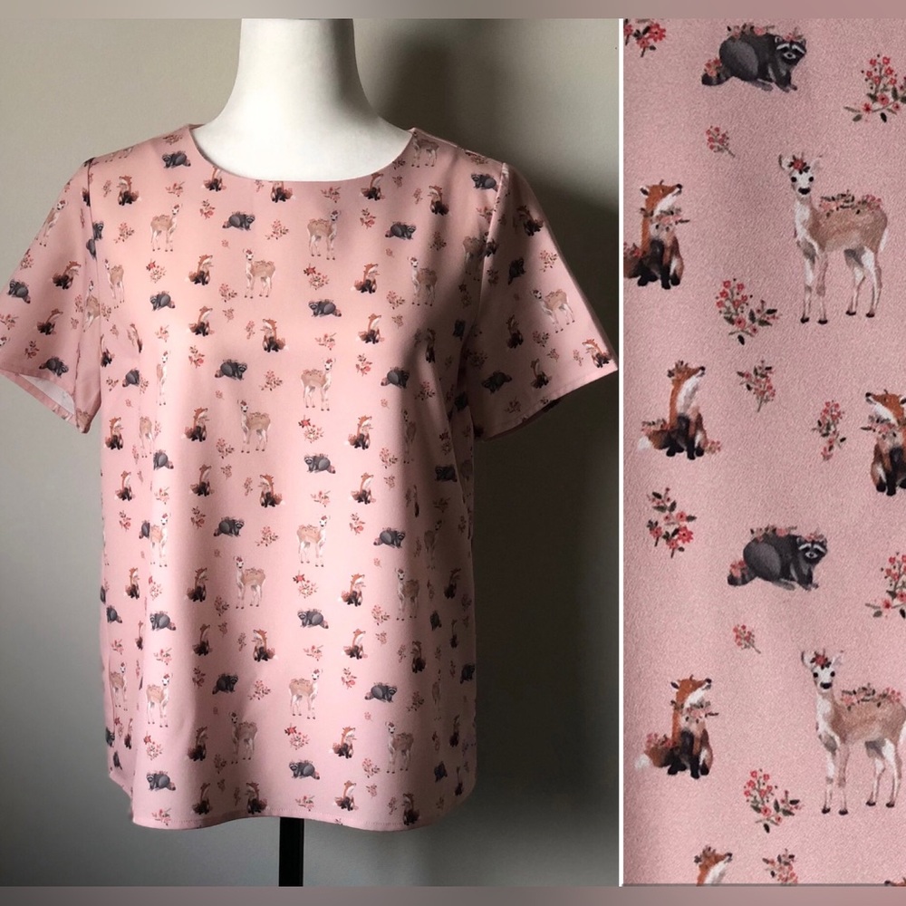 Twik Pink Forest Animal Flower Crown Blouse - MEDIUM - short sleeve lightweight